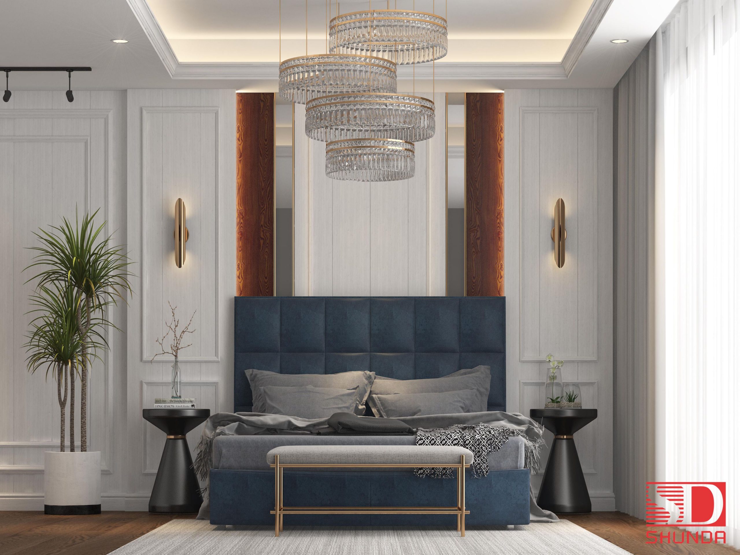 Kamar tidur bergaya Neo-Classic dengan plafon PVC bermerek Shunda Plafon